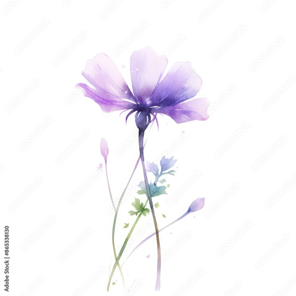 A watercolor painting of a purple flower with green stems and leaves. The flower is the main focus of the painting, and the green stems and leaves add depth and texture to the piece A watercolor painting of a purple flower with green stems and leaves. The flower is the main focus of the painting, and the green stems and leaves add depth and texture to the piece