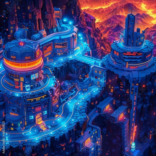 Futuristic city in a mountainous landscape with neon blue lights and lava-red skies, showcasing advanced architecture and technology.