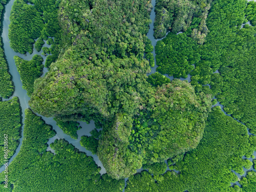 Obraz na płótnie View from above, aerial shot, stunning view of Ao Phang Nga (Phang Nga Bay) National Park with a river flowing through a mangrove forest Thailand. w salonie