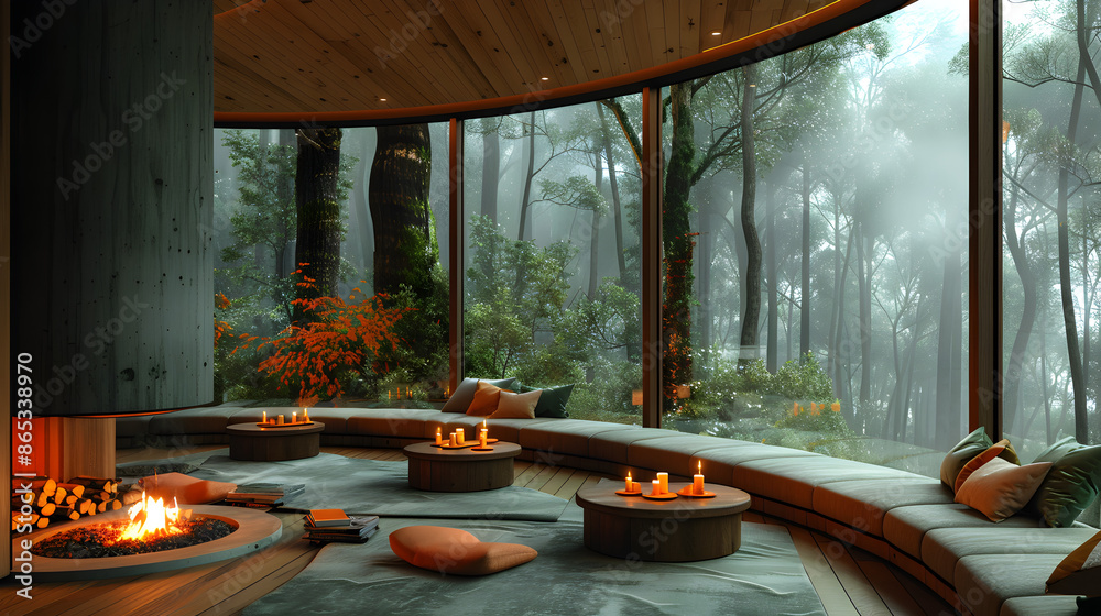 Fototapeta premium Beautifully designed indoor space with large, curved windows providing a panoramic view of a lush, green forest.