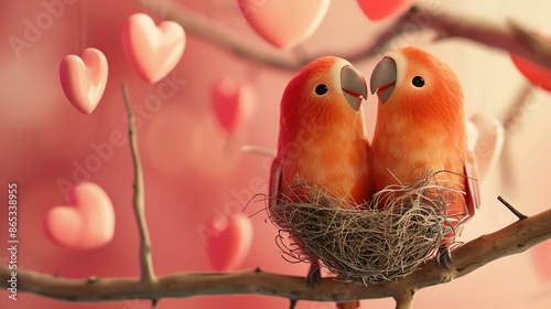 Two lovebirds snuggle in a nest on a branch with hearts hanging in the background.