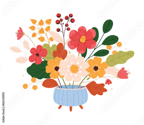 A beautiful autumn bouquet.Floristic composition of beautiful garden and meadow flowers in glass vase. Elegant bouquet of wildflowers.