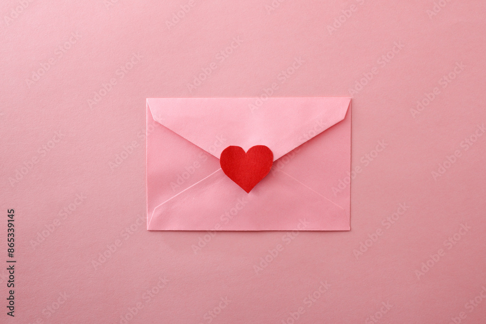 Closed pink envelope with red heart cutout on pink background Closed pink envelope with red heart cutout on pink background