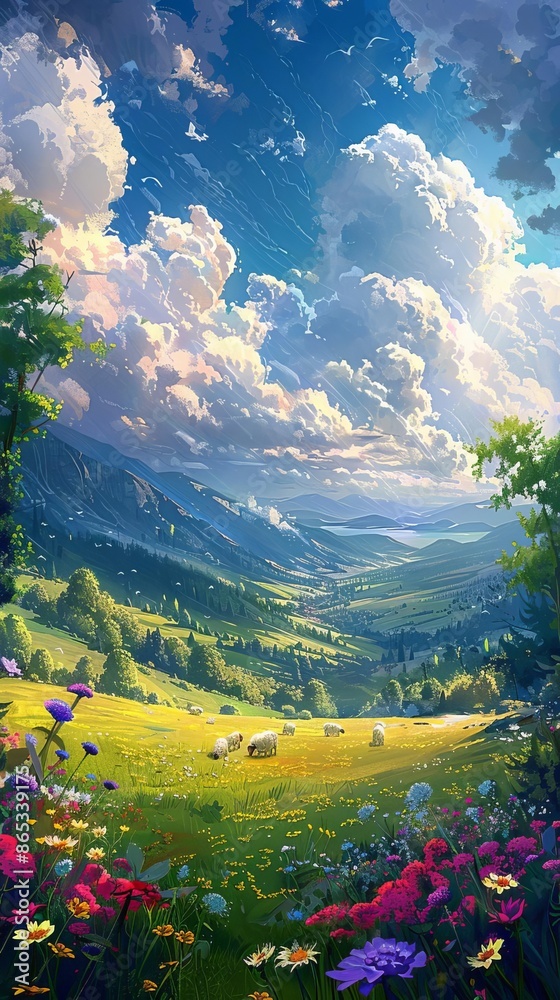 Scenic landscape of a vibrant meadow with rolling hills, wildflowers, and dramatic clouds under a bright blue sky on a sunny day. Scenic landscape of a vibrant meadow with rolling hills, wildflowers, and dramatic clouds under a bright blue sky on a sunny day.