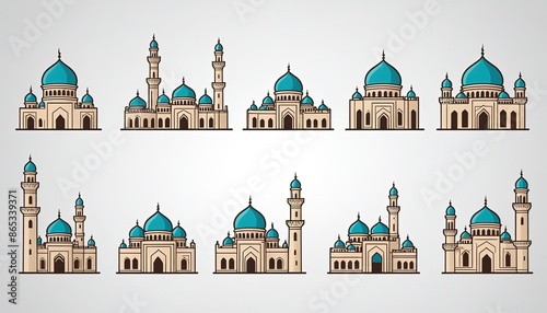 icon set vector art design. mosque. minaret. church. dome. pastel color. cathedral. temple. Vihara. the white house. the grand palace