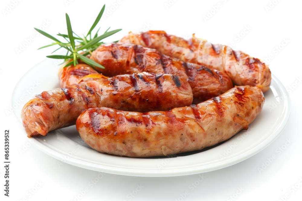 Plate of Grilled Sausages Isolated on a white Background Plate of Grilled Sausages Isolated on a white Background