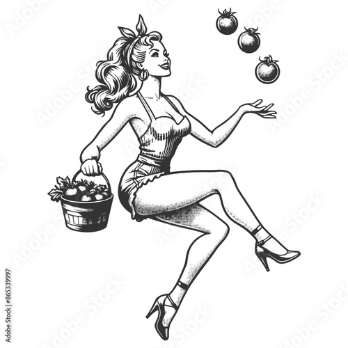 pin-up girl juggling tomatoes, basket of vegetables, vintage charm and playful style sketch engraving generative ai fictional character vector illustration. Black and white image.