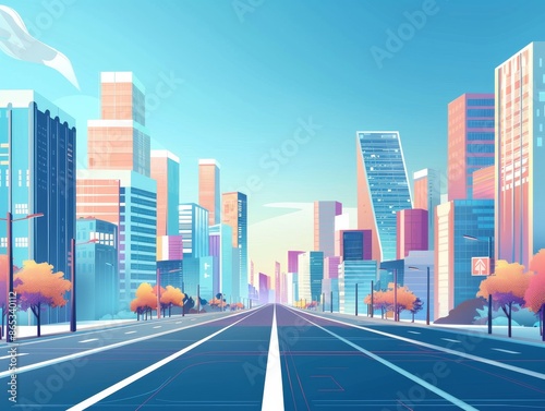 A modern cityscape with a wide boulevard and high-rise buildings, clear blue sky, vibrant colors, clean lines, minimalistic style, 