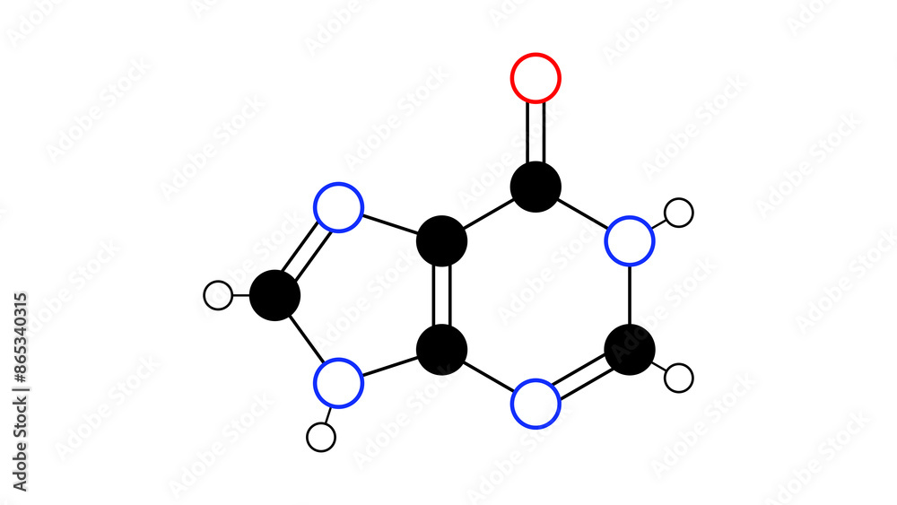 hypoxanthine molecule, structural chemical formula, ball-and-stick model, isolated image purine derivative