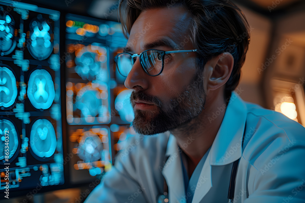 Medical Hospital: Neurologist and Neurosurgeon Talk, Use Computer, Analyse Patient MRI Scan, and Diagnose Brain. Brain Surgery Health Clinic Lab: Two Professional Physicians Look at CT Scan. Medical Hospital: Neurologist and Neurosurgeon Talk, Use Computer, Analyse Patient MRI Scan, and Diagnose Brain. Brain Surgery Health Clinic Lab: Two Professional Physicians Look at CT Scan.