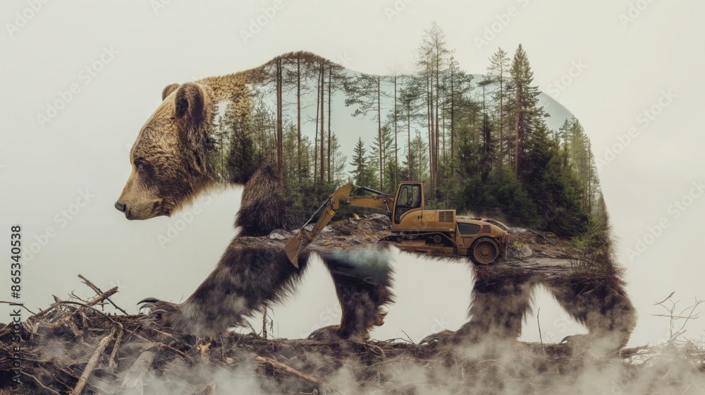 Double exposure grizzly bear is made of trees and forest with an ...