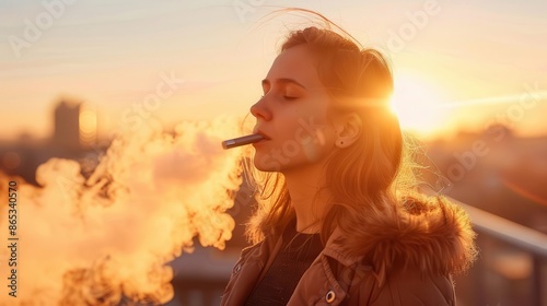 stylish woman exhaling vapor cloud from sleek ecigarette urban rooftop setting golden hour lighting