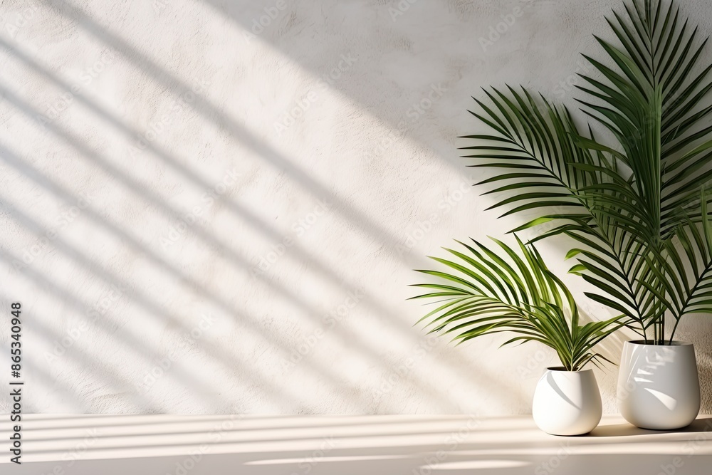 Sunlight and Shadows of Palm Plants on Abstract Concrete Wall, White Background Sunlight and Shadows of Palm Plants on Abstract Concrete Wall, White Background