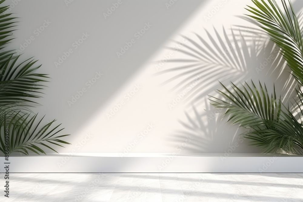 Sunlight and Shadows of Palm Plants on Abstract Concrete Wall, White Background Sunlight and Shadows of Palm Plants on Abstract Concrete Wall, White Background