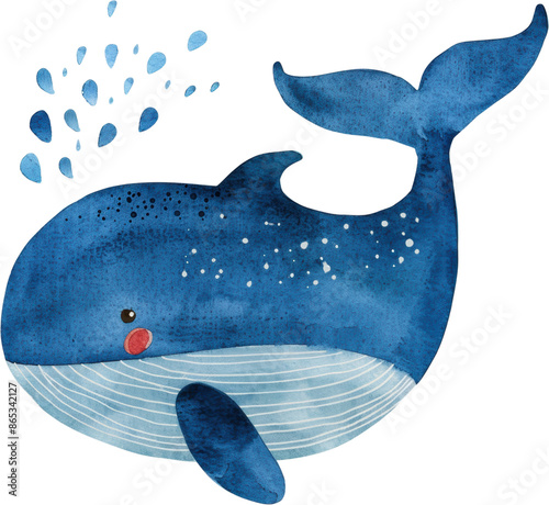 Adorable watercolor illustration of a blue whale clipart for kids, featuring soft neutral colors, isolate on white background

