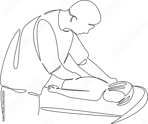 One continuous single drawing line art flat doodle isolated, osteopath, physical, therapy, rehabilitation, massage, therapist, child. Isolated image hand draw contour on a white background
