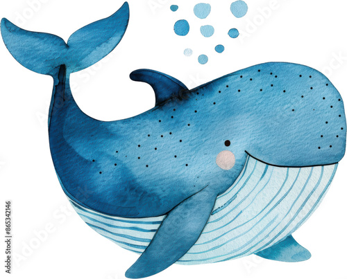 Charming watercolor illustration clipart of a single cute blue whale, designed in kids art style with neutral colors, isolate on white background