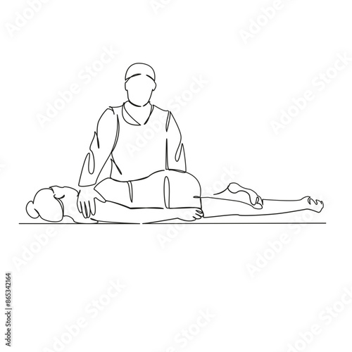 One continuous single drawing line art flat doodle osteopath, rehabilitation, woman, massage, shoulder, scoliosis, therapist. Isolated image hand draw contour on a white background
