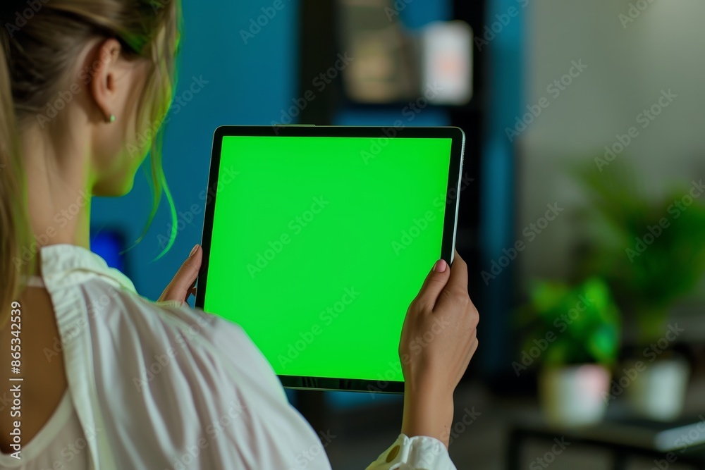 Display mockup from a shoulder angle of a woman holding a tablet with a completely green screen Display mockup from a shoulder angle of a woman holding a tablet with a completely green screen