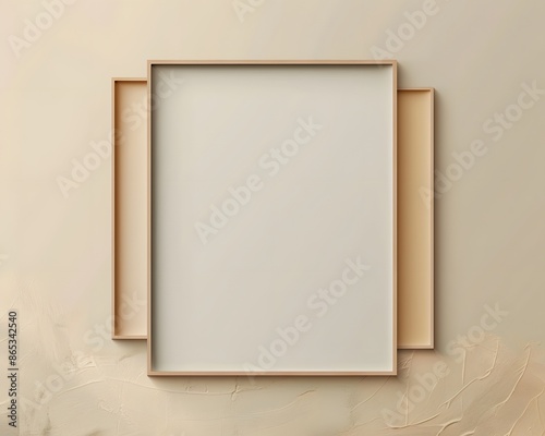  Mock up blank minimal wooden thin  frame on neutral beige wall background, wallpaper