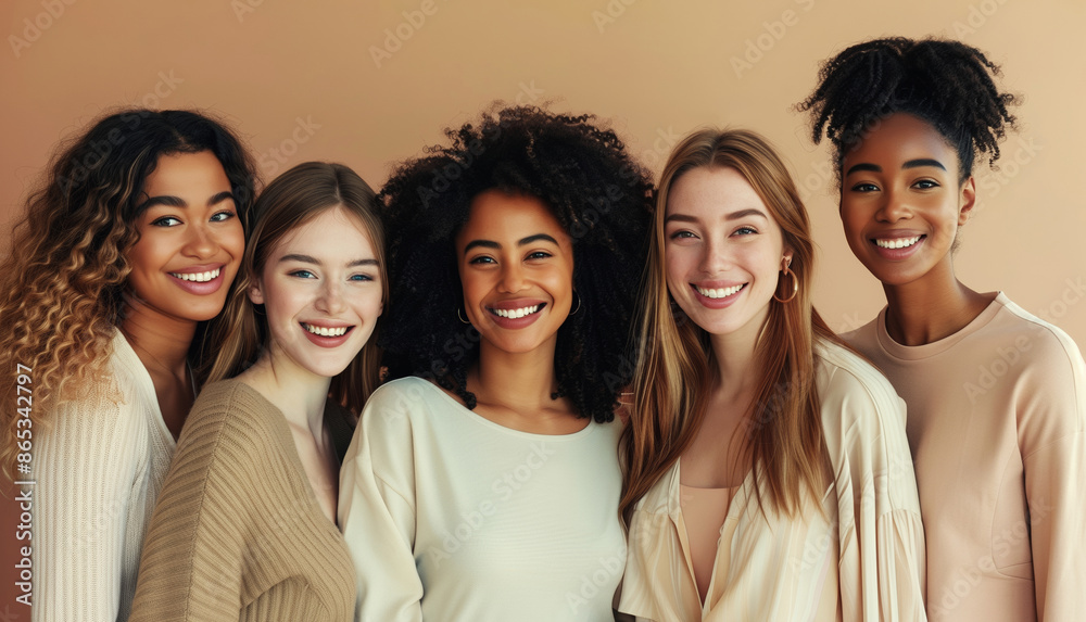 Group beautiful happy multiethnic young women together, five diverse cheerful girlfriends on brown Group beautiful happy multiethnic young women together, five diverse cheerful girlfriends on brown
