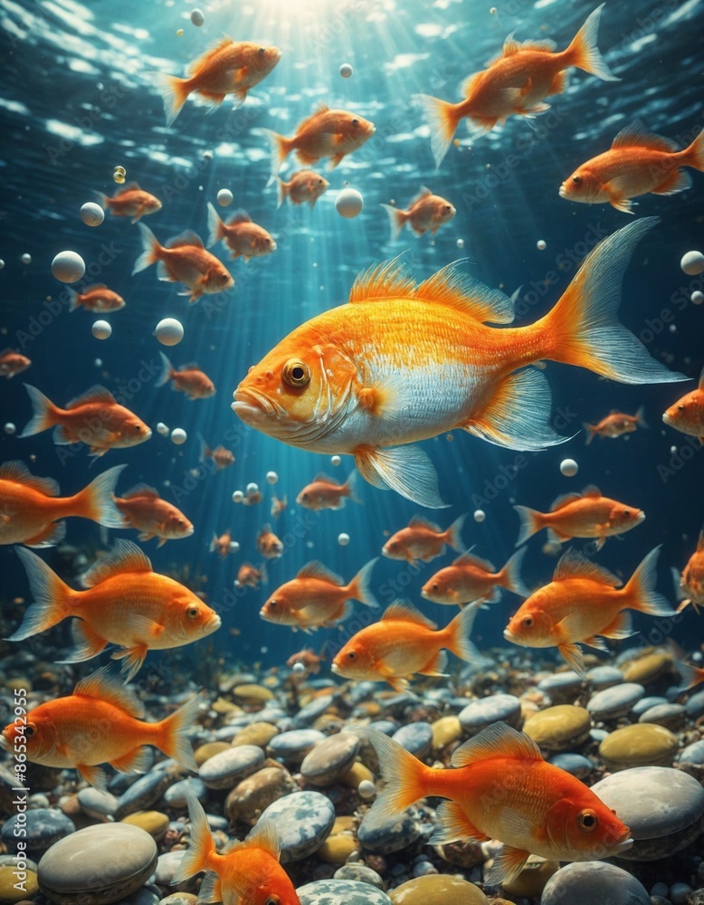 A surreal underwater scene features a group of goldfish, including a large orange one, swimming among rocks and bubbles. A surreal underwater scene features a group of goldfish, including a large orange one, swimming among rocks and bubbles.