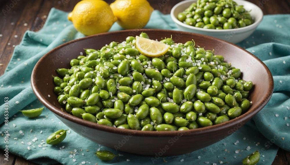 A bowl of edamame with a sprinkle of sea salt and a squeeze of lemon.