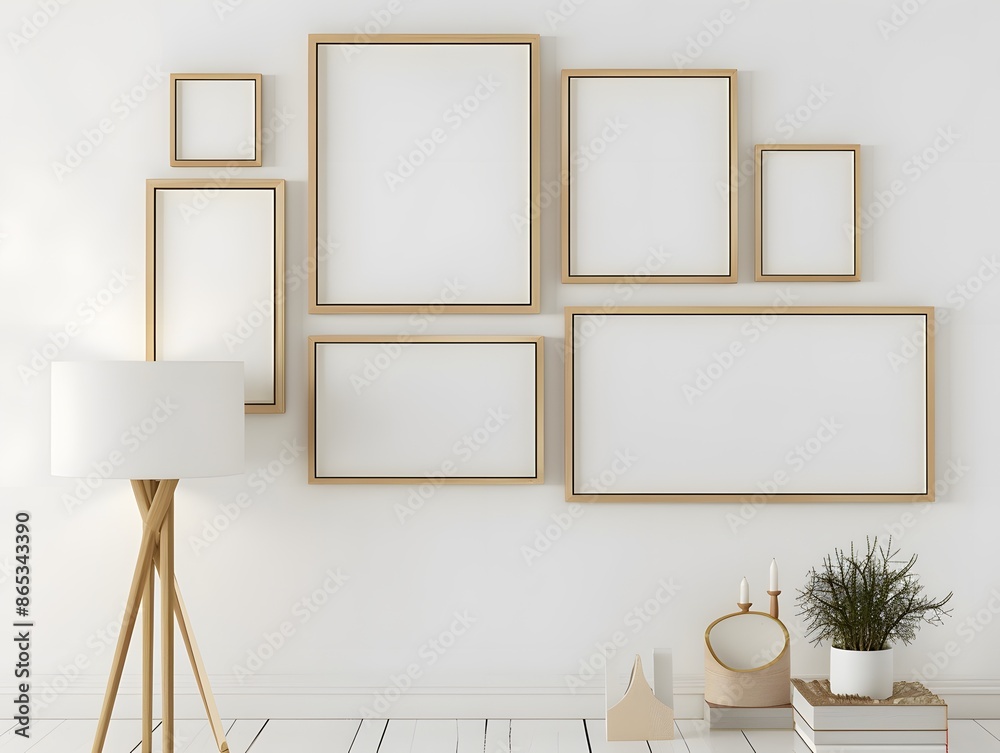 Mock up blank minimal wooden thin frame gallery wall in living room with minimal wabi sabi interior design background, wallpaper Mock up blank minimal wooden thin frame gallery wall in living room with minimal wabi sabi interior design background, wallpaper