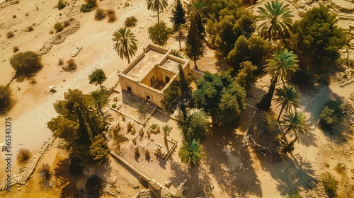 Moses Believed tomb where view Ancient Prophet Nabi cemetery Aerial Musa Sky Sand Desert Old Tourism Religion Muslim Structure Jerusalem Muslim Ancient Palms Aerial Graveyard Cemetery Tomb Outdoors. photo