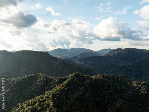 Obraz na płótnie View from above, stunning aerial view of some limestone mountains during a cloudy day. Khao Sok National Park, Thailand. w salonie