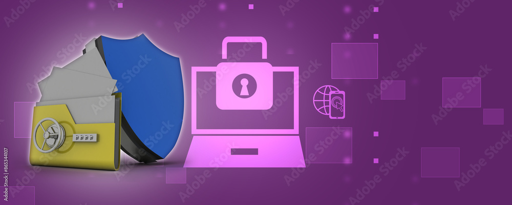 Yellow folder and lock protection shield. Data security concept. 3D rendering Yellow folder and lock protection shield. Data security concept. 3D rendering