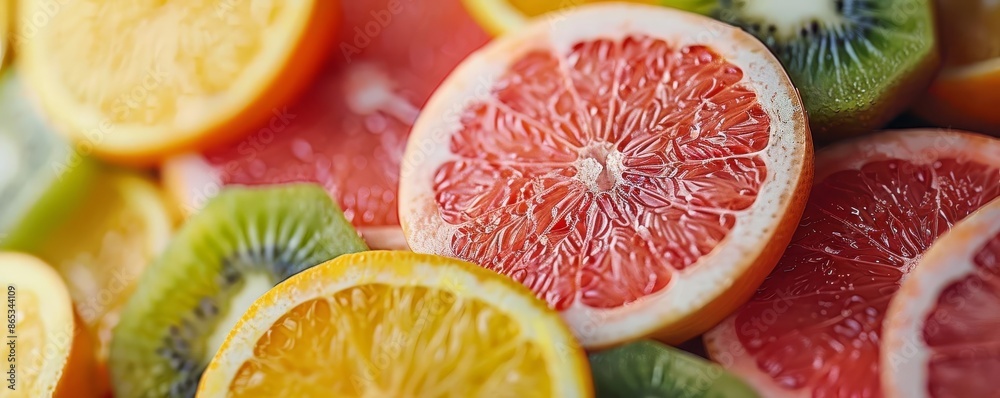 Close-up of fresh and colorful fruit slices including oranges, grapefruits, and kiwis, perfect for healthy diet and summer-themed designs.