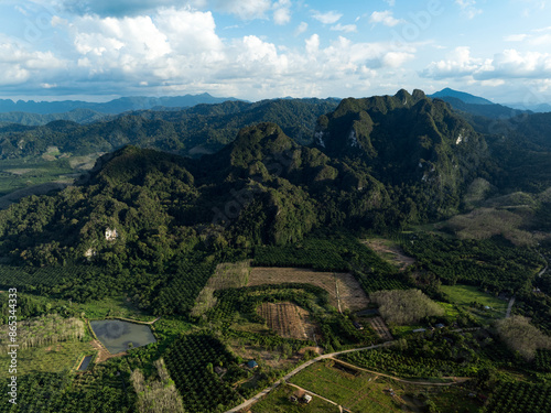 Obraz na płótnie View from above, stunning aerial view of some limestone mountains during a cloudy day. Khao Sok National Park, Thailand. w salonie