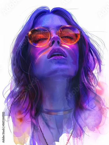 Vibrant digital illustration of a stylish woman in sunglasses, featuring vivid colors and dynamic brush strokes on a white background.