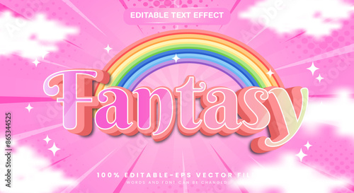 Decorative fantasy unicorn 3d editable vector text effect template with cloudy background