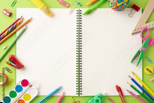 Open spiral notebook surrounded by various school supplies on a green background, celebrating back to school theme photo