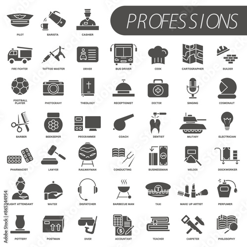 Professions and career. Set of icons of various professions. Set of dark icons.