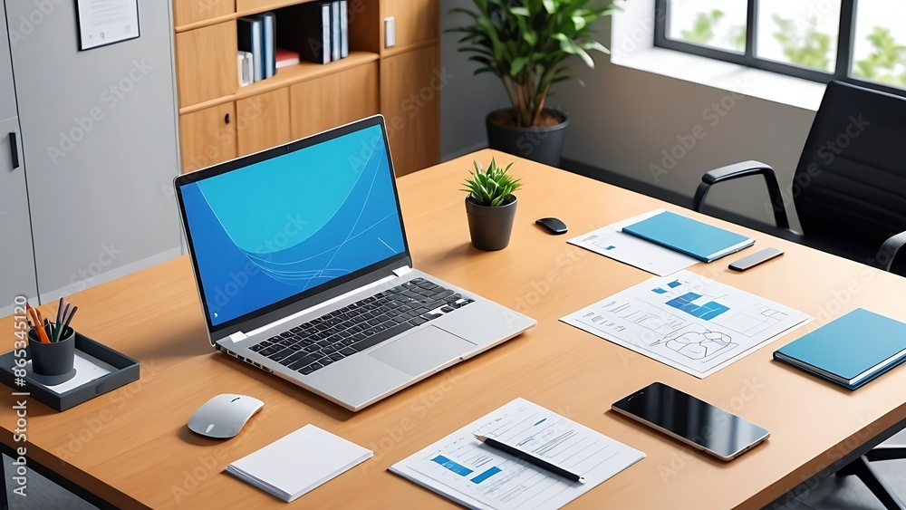 A modern office desk with a laptop, documents, a pen, a smartphone and a mouse. A modern office desk with a laptop, documents, a pen, a smartphone and a mouse.