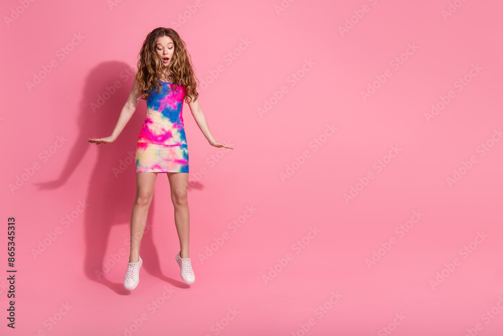 Full length photo of cheerful pretty lady dressed vintage clothes jumping falling empty space isolated pink color background Full length photo of cheerful pretty lady dressed vintage clothes jumping falling empty space isolated pink color background