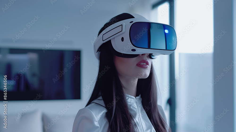 Beautiful woman with high-tech virtual reality headset Beautiful woman with high-tech virtual reality headset