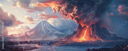 Artificial Intelligence , AI Generated Illustration of a Volcanic Eruption, Lava Flow, Volcano, Crater, Eruption photo