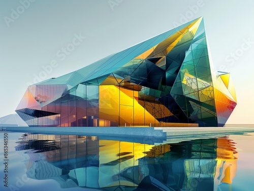 A futuristic geometric building with angular shapes and reflective surfaces, modern architecture, vibrant colors, clean lines, minimalistic style, highly detailed photo