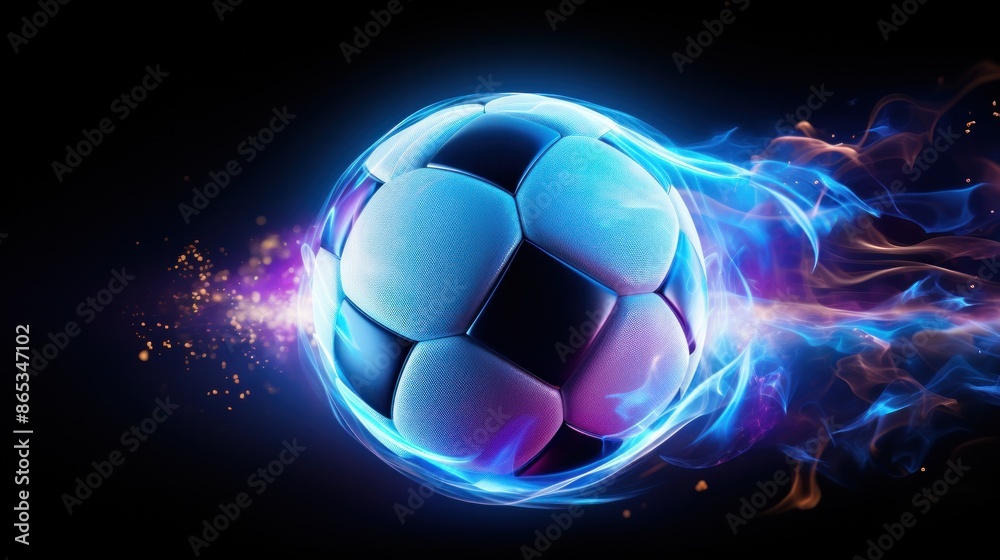 Naklejka premium A photorealistic soccer ball glowing with an intense neon blue aura,