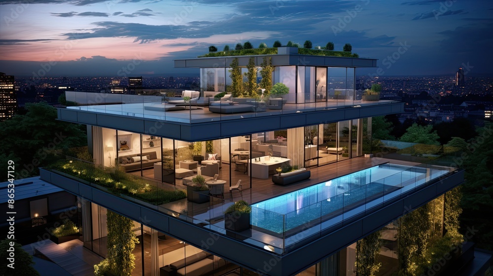 Fototapeta premium Opulent High-Rise Penthouse with Stunning Night Views