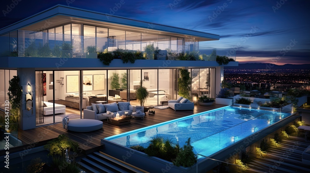 Obraz premium Luxurious Modern Home Overlooking Twilight Cityscape