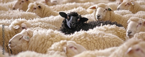 Black sheep standing out in a flock of white sheep; odd one out, individuality, uniqueness, diversity, outlier. photo