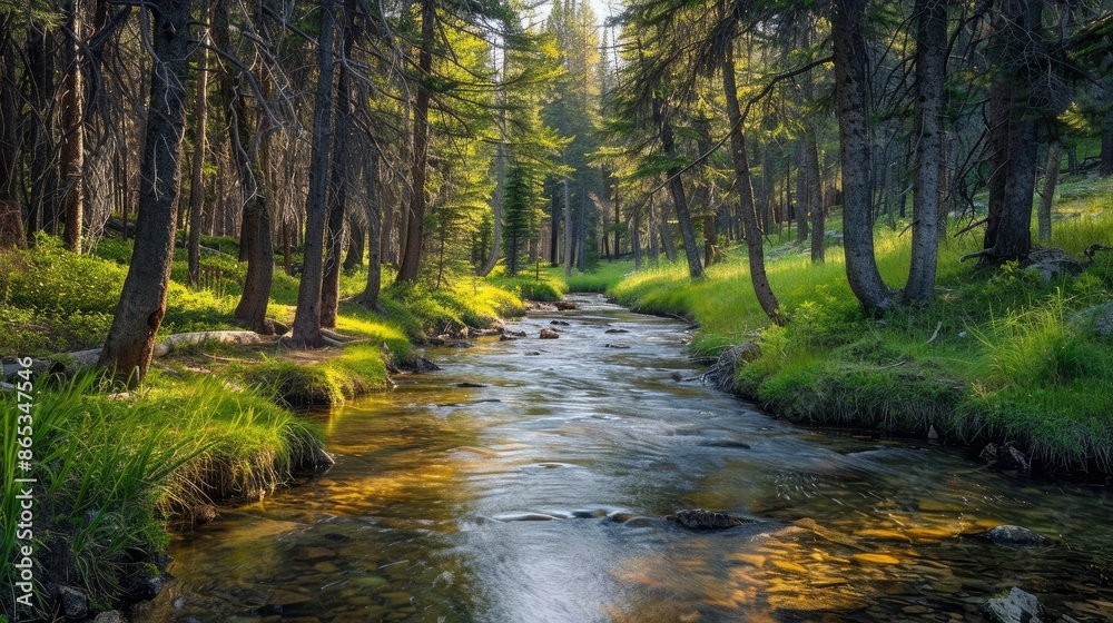 Obraz premium A clear stream winding through a peaceful forest with tall trees