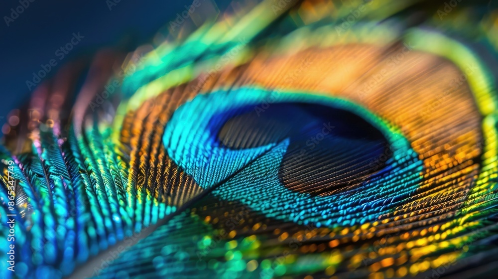 Fototapeta premium A close-up of a vibrant peacock feather, highlighting intricate details and beauty