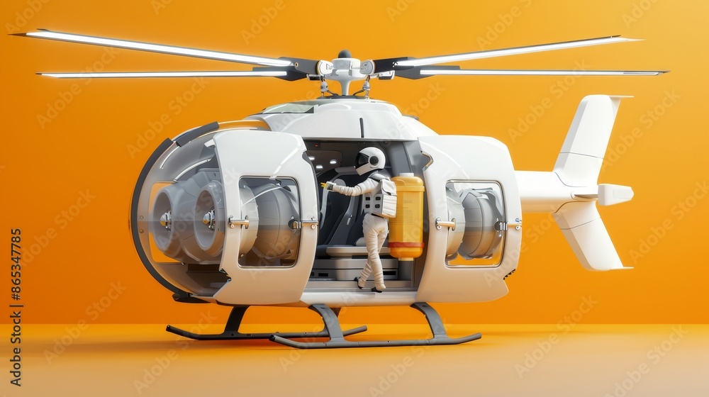 Hovering white and orange helicopter with advanced crew and black visor