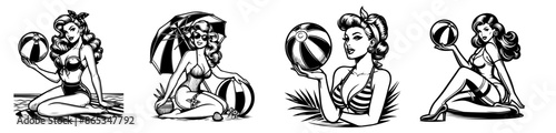 collection of pin-up girls with beach balls drawings